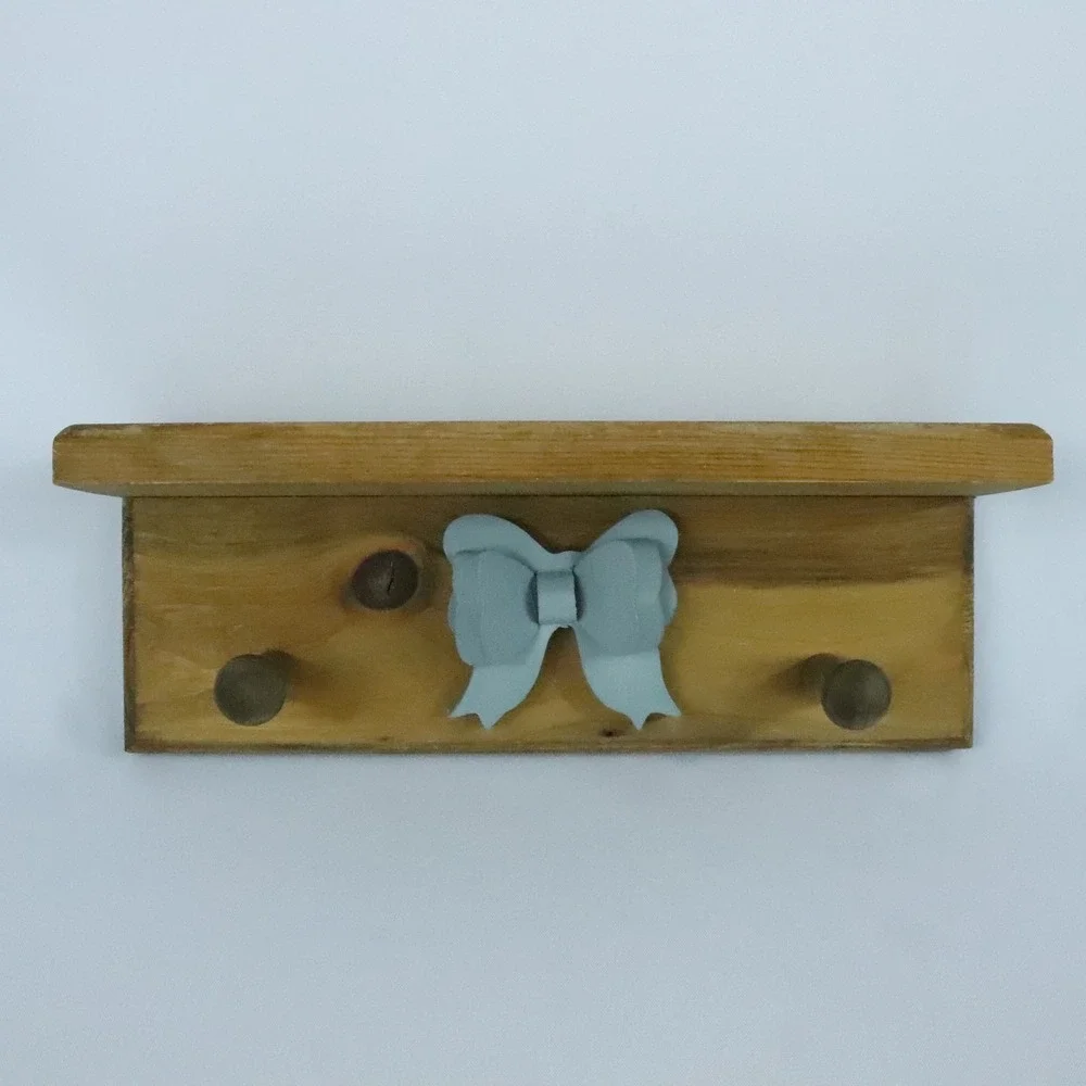 Wooden Cottagecore Shelf with Blue Bow 2 Pegs Country Farmhouse Decor